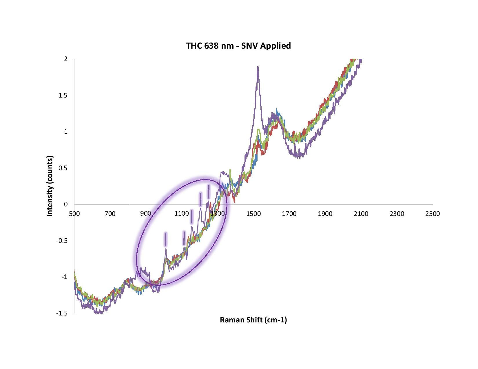 Figure 2. In this example, SERS was used to measure THC. Note the differences between the raw and normalized (SNV) spectra. 