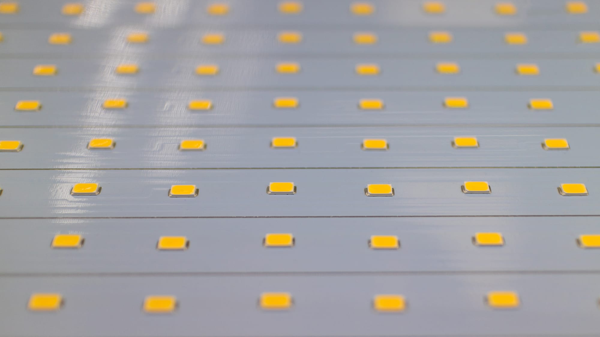 Close-up of rows of yellow LEDs mounted on a white circuit-board strip